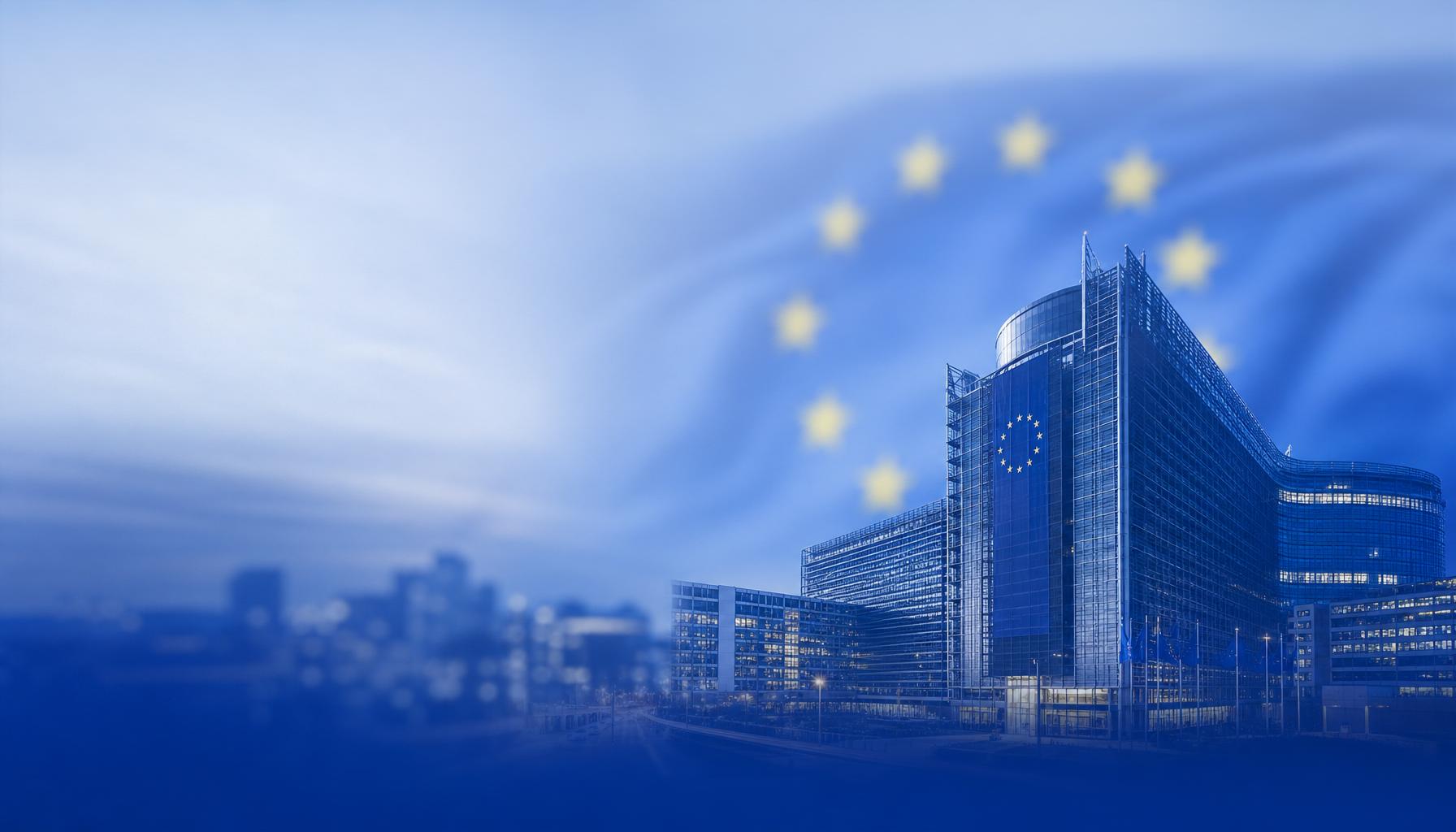 Clădiri din districtul european Bruxelles cu steagul UE pe fundal